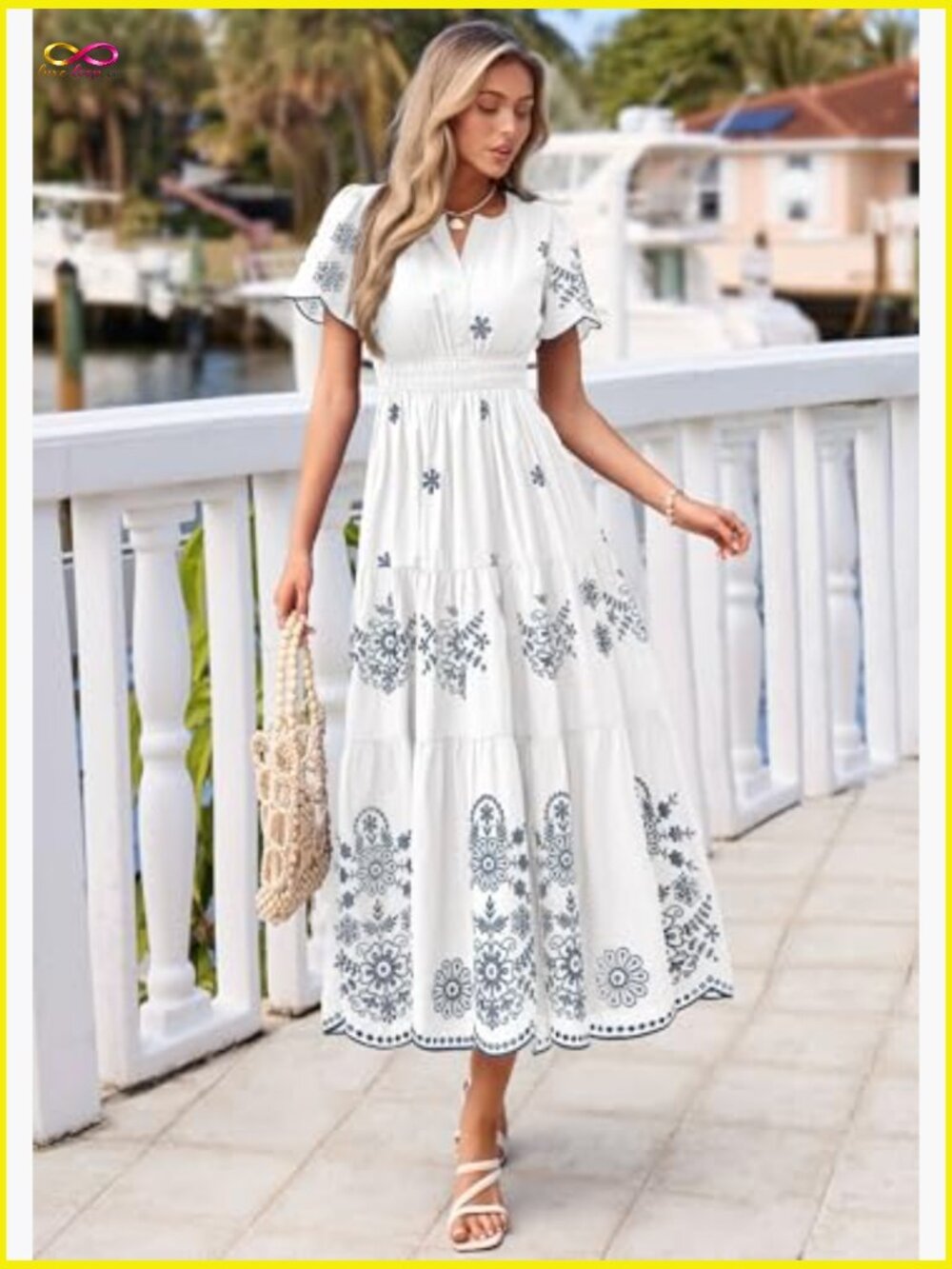 Boho Maxi Dress V Neck Short Sleeve Empire Waist Flowy Tiered Casual Summer - Picture 6 of 7